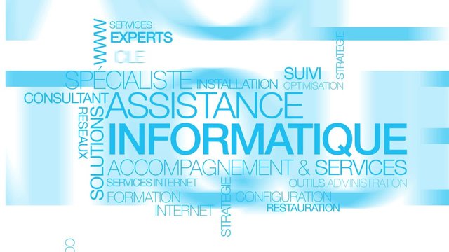 Assistance informatique maintenance ordinateur service nuage de mots texte bleu animation