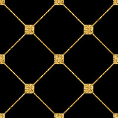 Fototapeta premium Rhombus seamless pattern. Gold glitter and black template. Abstract geometric texture. Golden ornament. Retro, Vintage decoration. Design template wallpaper, wrapping, fabric etc. Vector Illustration.