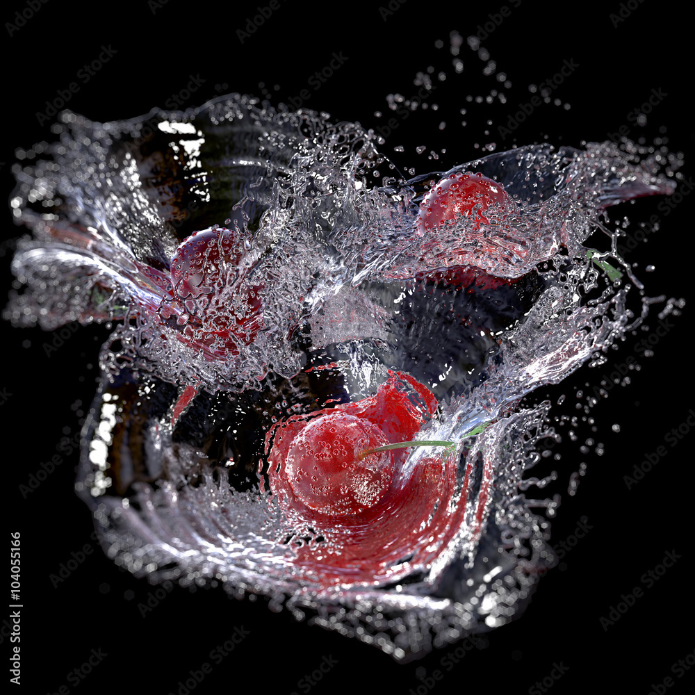 Wall mural cherries in water splash, isolated on black backgroun