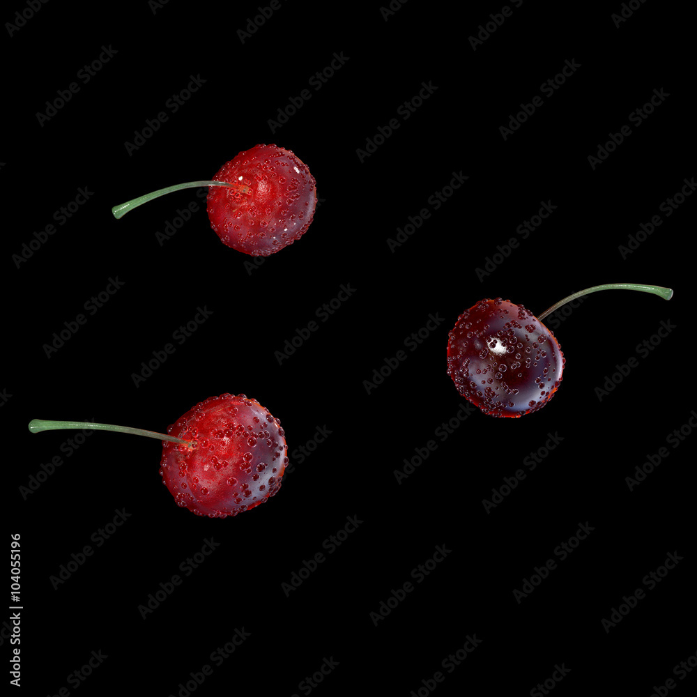 Sticker cherries in water splash, isolated on black backgroun