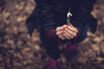 Girl holding a snowdrop. Spring is close.