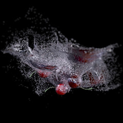 Cherries in Water Splash, isolated on Black backgroun