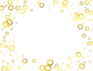 Gold glittering foil hexagons horizontal frame on white background, vector isolated design elements