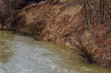 View from the Riverwalk in Chernyakhovsk, Russia of the Angrapa River as it reaches flood levels after several days of non-stop rainy weather.