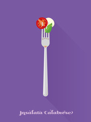Salad with tomato, basil and mozzarella cheese on fork. Flat desig long shadow vector illustration of insalata calabrese on a fork