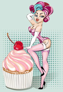 Sexy pin-up girl in lingerie with cupcake