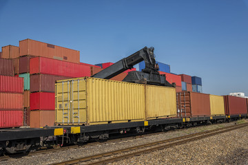 train and air plan with container in shipyard for Logistic Import Export background