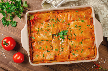 Stuffed cabbage rolls with rice and meat