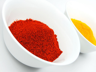 Dried paprika or red bell pepper spice and curry in white bowls