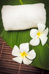 Fototapeta na wymiar spa concept. white towel and plumeria flowers on the bamboo mat