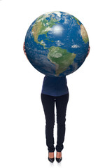 Woman in full length holding earth globe