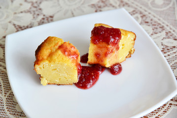 Curd casserole  in  form of cake with berry jam