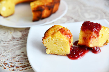 Curd casserole  in  form of cake with berry jam