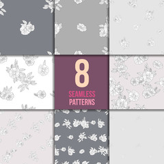 set of eight black and white floral patterns