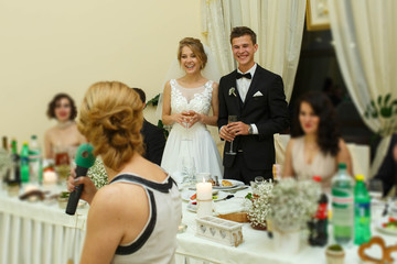 stylish glamorous wedding celebration of happy beautiful young c