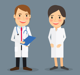 Smiling doctor and smiling nurse colorful images on blue background. Vector illustration