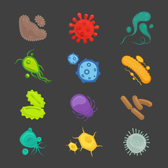 Virus and bacteria colorful icons on black background. Vector illustration