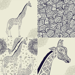 Beautiful adult Giraffe. Hand drawn Illustration of ornamental giraffe. isolated giraffe on white background. Seamless pattern from an ornamental giraffe