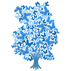 illustration of blue tree from butterflies on white background