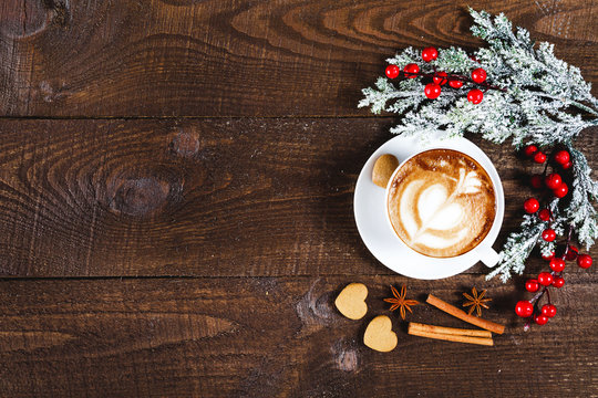 Christmas Cookies And Coffee On Wooden Table