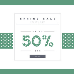 Spring sale banner with elegant typography for luxury sales offers in fashion. Modern simple, minimalistic design, polka dots.