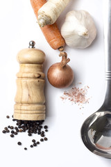 Vegetable soup ingredients on white background