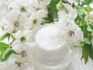 natural facial cream with spring blossom, fresh as spring flowers