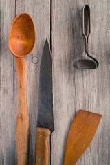 old kitchenware on the background boards