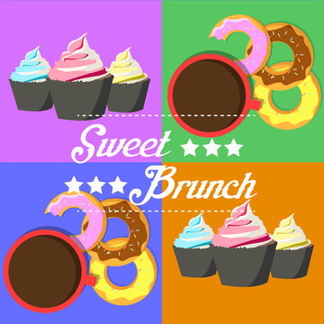 Sweet brunch poster with muffins, donuts and coffee