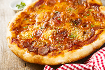 Meat pizza with cheese and herbs