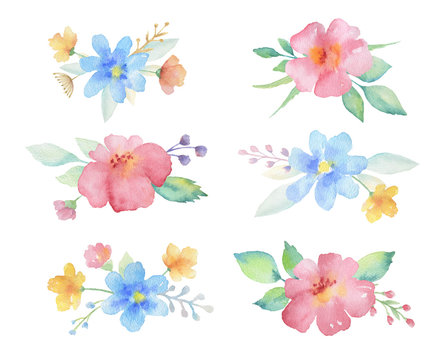 Watercolor colored bouquets of flowers. 