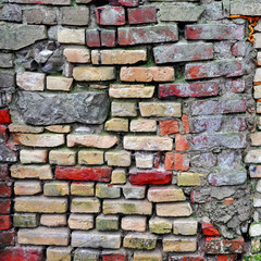 Cracked, heavily damaged brick wall texture background