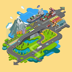 Obraz na płótnie Canvas Flat vector map landscape; parks; buildings; seating area; sports grounds; picture of the nature of mountains and lakes; road; GPS navigation; infographic 3d isometric concept. Top view.