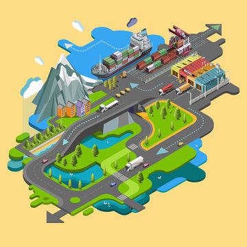 Flat vector map landscape; parks; buildings; seating area; sports grounds; picture of the nature of mountains and lakes; road; GPS navigation; infographic 3d isometric concept. Top view.