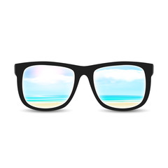 Sunglasses with vector summer blurred beach, background illustration
