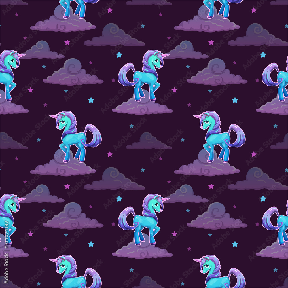 Canvas Prints pattern with little cartoon blue unicorn