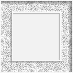 3D Vector bas-relief frame, floral pattern,  festive pattern, white pattern, template greetings