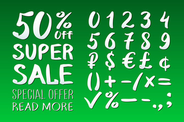 Numbers 0-9 written with a brush on a green background lettering. Super Sale. Big sale. Sale tag. Sale poster. Sale vector. Super Sale and special offer. 50% off. Vector illustration.