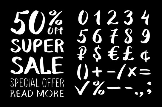 Numbers 0-9 written with a brush on a black background lettering. Super Sale. Big sale. Sale tag. Sale poster. Sale vector. Super Sale and special offer. 50% off. Vector illustration.