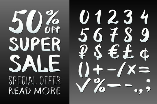 Numbers 0-9 written with a brush on a black background lettering. Super Sale. Big sale. Sale tag. Sale poster. Sale vector. Super Sale and special offer. 50% off. Vector illustration.