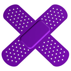 Two crossed purple bandages on white background