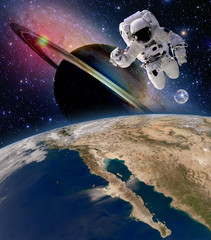 Astronaut spaceman moon saturn planet spacewalk earth outer space walk galaxy. Elements of this image furnished by NASA.
