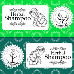 Vector set of seamless patterns, labels and logo design templates for natural herbal shampoo packaging and wrapping paper