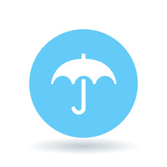 Umbrella cover icon. Umbrella protection sign. Umbrella shelter symbol. White umbrella icon on blue circle background. Vector illustration.