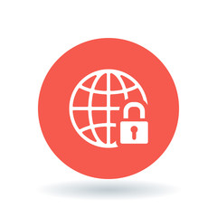 Secure internet icon. Globe with padlock sign. Secure globe symbol. White globe with padlock icon on red circle background. Vector illustration.