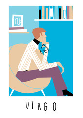 Virgo horoscope sign. A man sitting in the armchair with glasses in a hand.