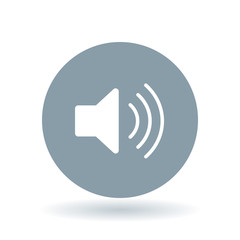 Audio icon. Speaker sign. Volume symbol. White volume icon on cool grey circle background. Vector illustration.