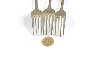 Money euro cents and dining fork to eat