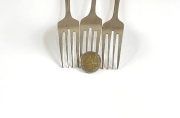 Money euro cents and dining fork to eat