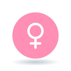 Female gender icon. Ladies sign. Women symbol. White female symbol on pink circle background. Vector illustration.